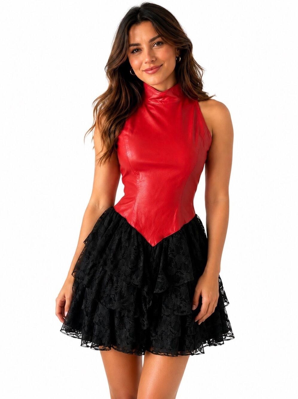 Firenze Santa Barbara 80’s Leather Mini Prom Dress Red Black Lace Open Back S